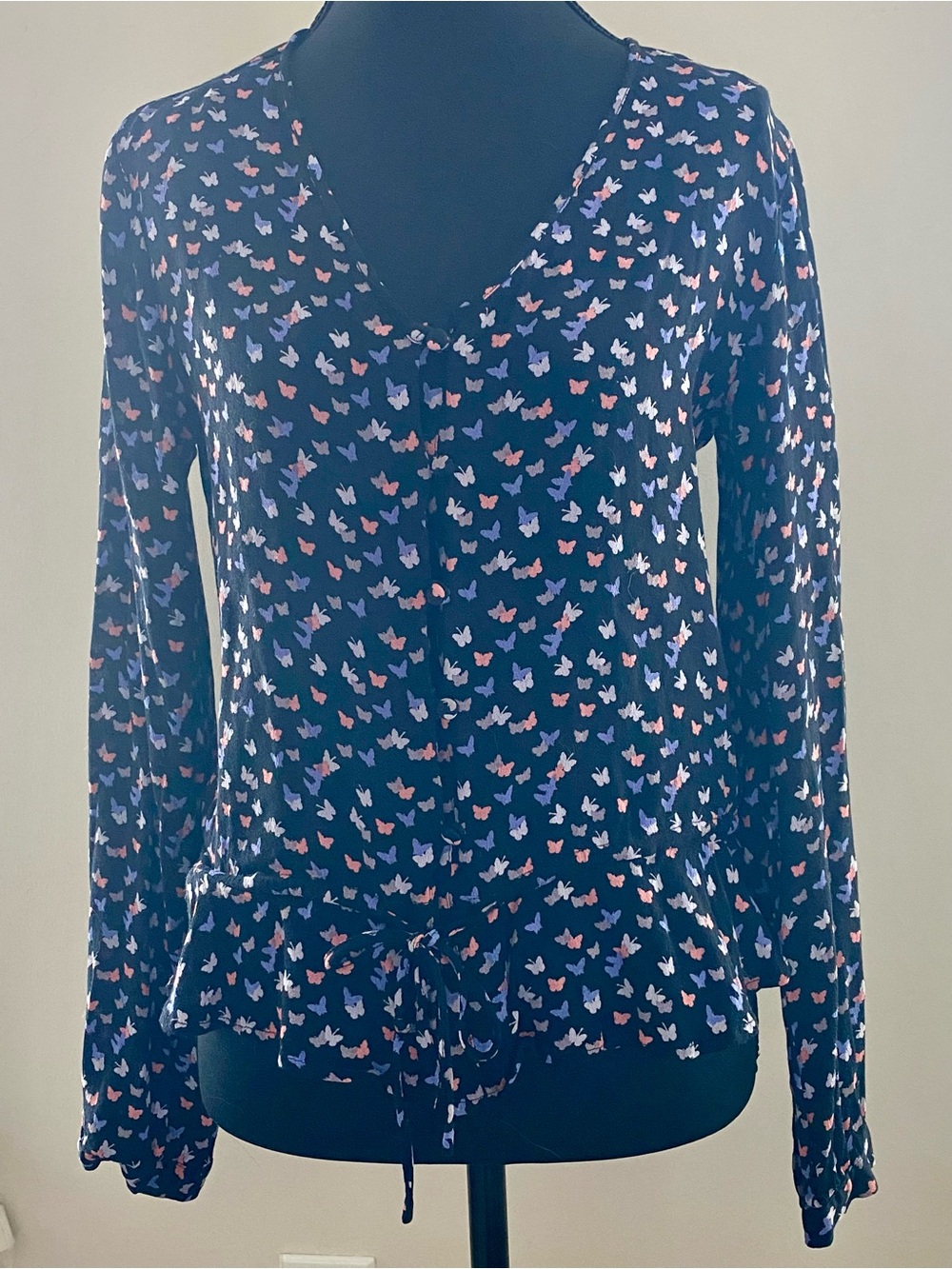 Rails Black Long Sleeve Button Down Blouse Butterfly Print Rayon Small